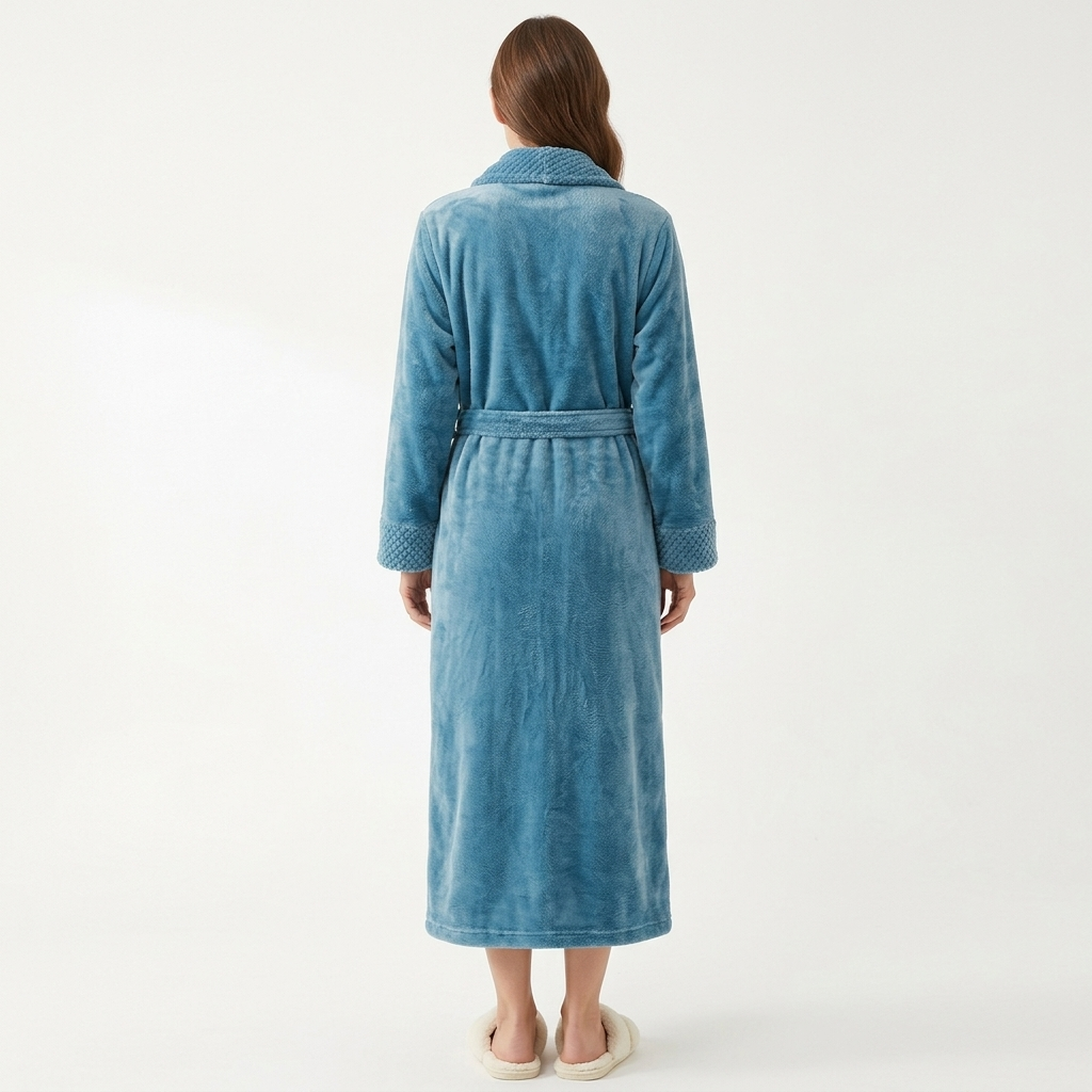 Plush Long Sleeve Shawl Collar Bathrobe with Waist Tie Belt and Front Patch Pockets