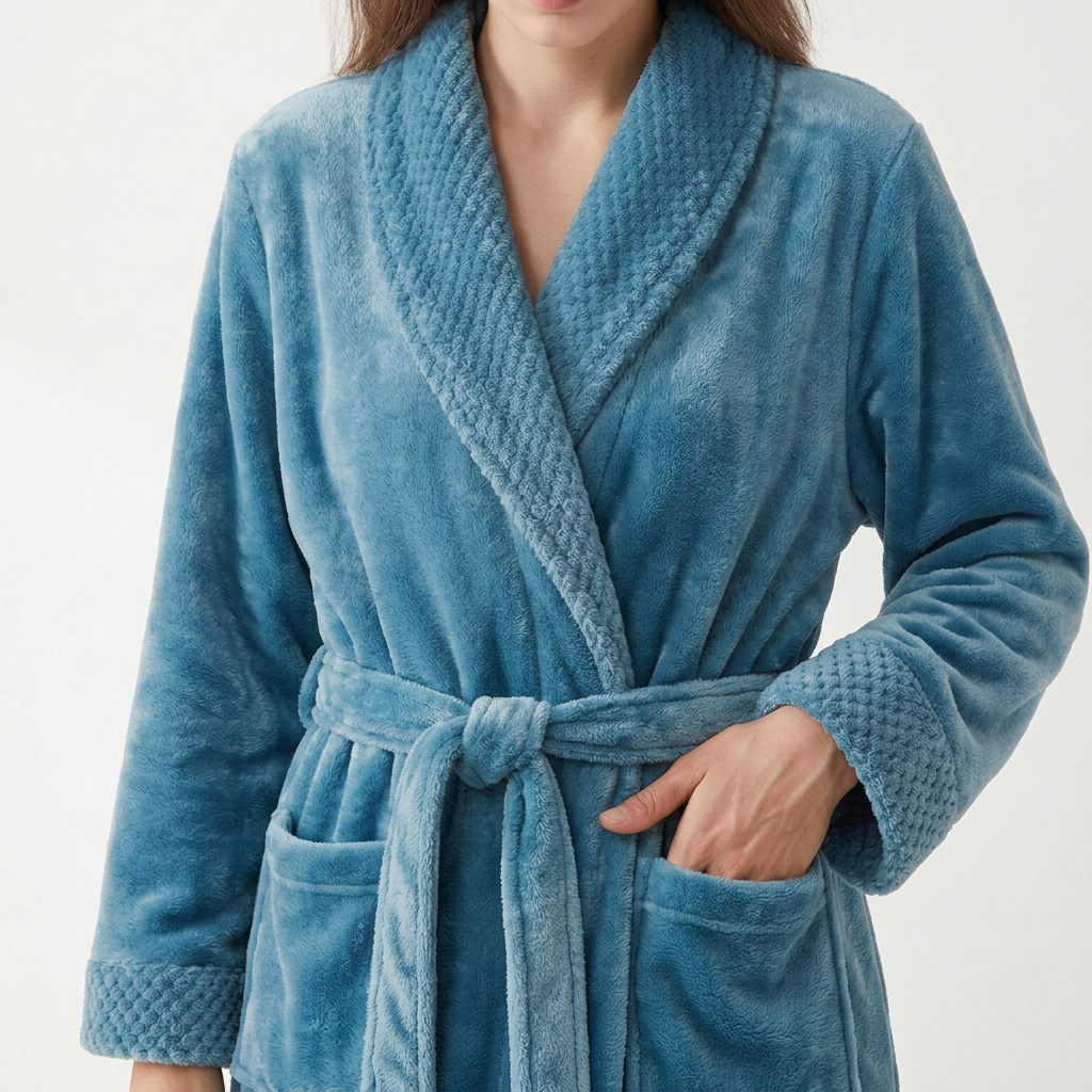 Plush Long Sleeve Shawl Collar Bathrobe with Waist Tie Belt and Front Patch Pockets