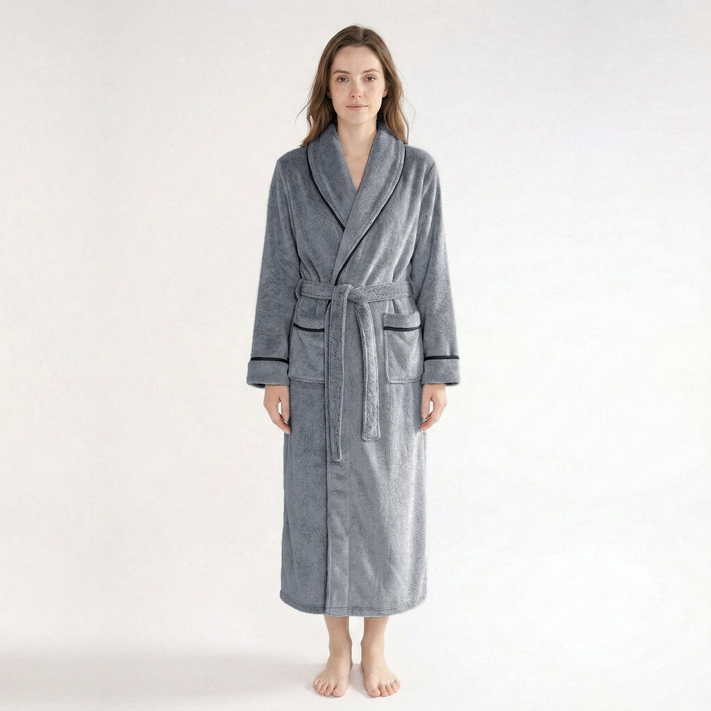 Anna-Kaci Plush Long Sleeve Shawl Collar Bathrobe with Contrast Trim and Adjustable Waist Tie Belt