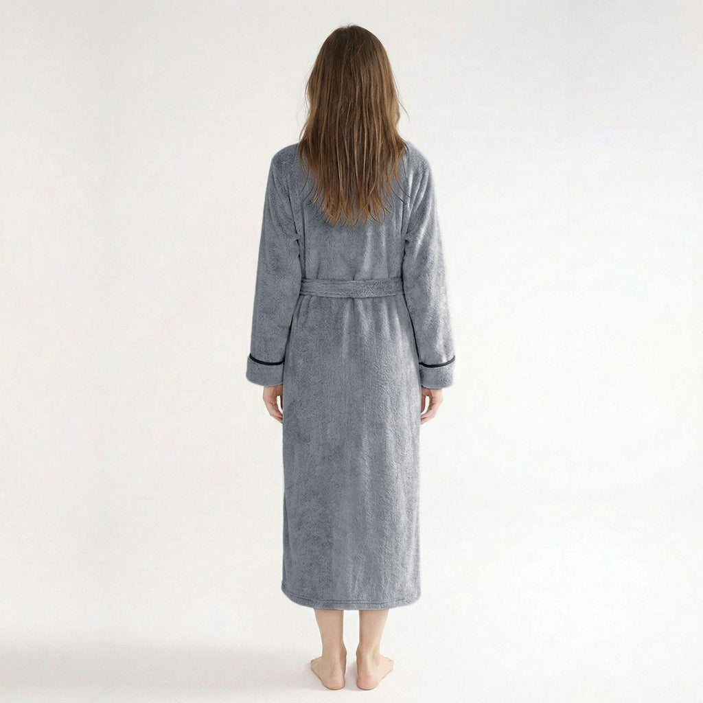 Anna-Kaci Plush Long Sleeve Shawl Collar Bathrobe with Contrast Trim and Adjustable Waist Tie Belt