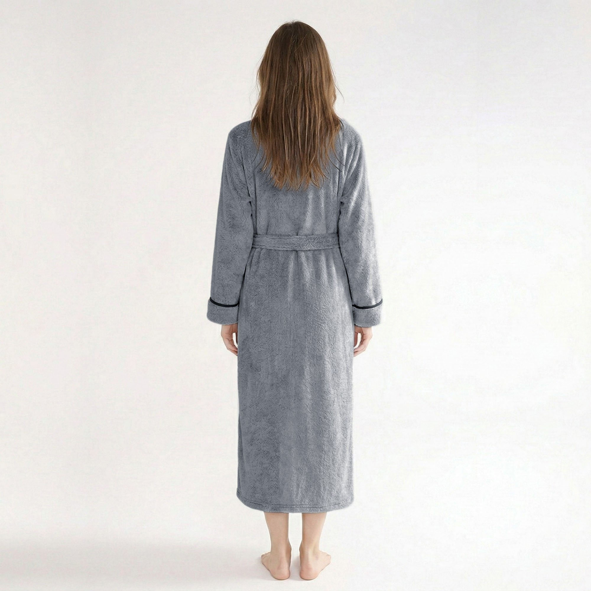 Anna-Kaci Plush Long Sleeve Shawl Collar Bathrobe with Contrast Trim and Adjustable Waist Tie Belt