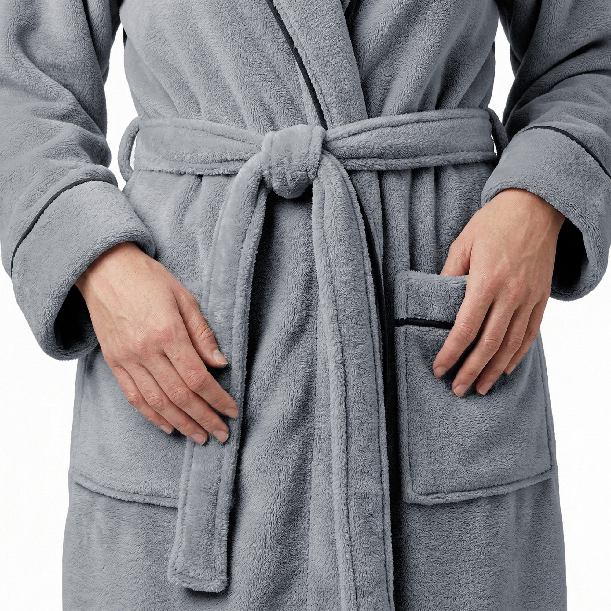 Anna-Kaci Plush Long Sleeve Shawl Collar Bathrobe with Contrast Trim and Adjustable Waist Tie Belt