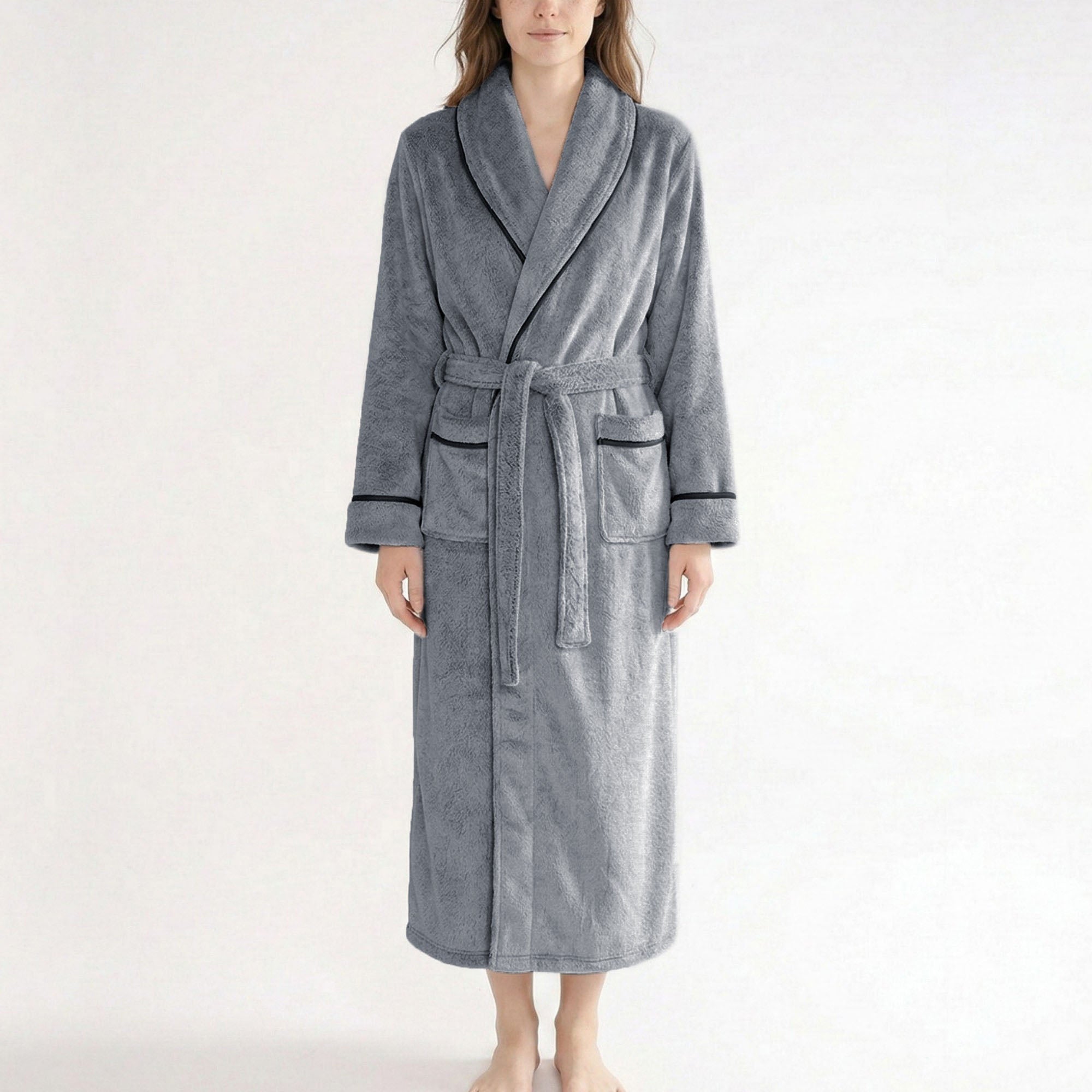 Anna-Kaci Plush Long Sleeve Shawl Collar Bathrobe with Contrast Trim and Adjustable Waist Tie Belt