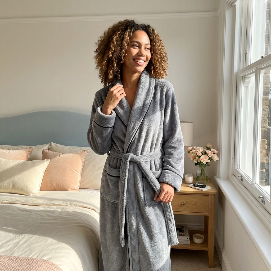 Plush Long Sleeve Shawl Collar Bathrobe with Contrast Trim and Adjustable Waist Tie Belt