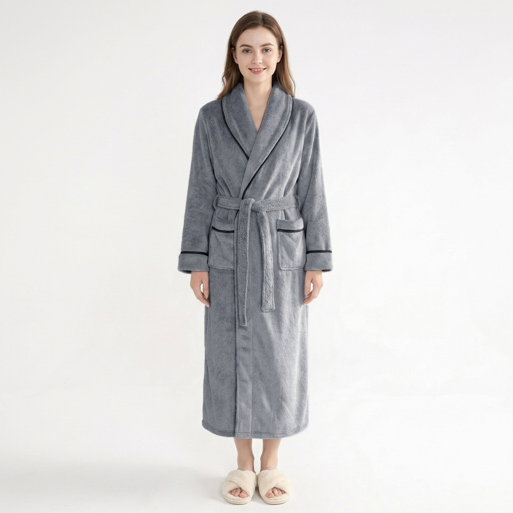 Plush Long Sleeve Shawl Collar Bathrobe with Contrast Trim and Adjustable Waist Tie Belt