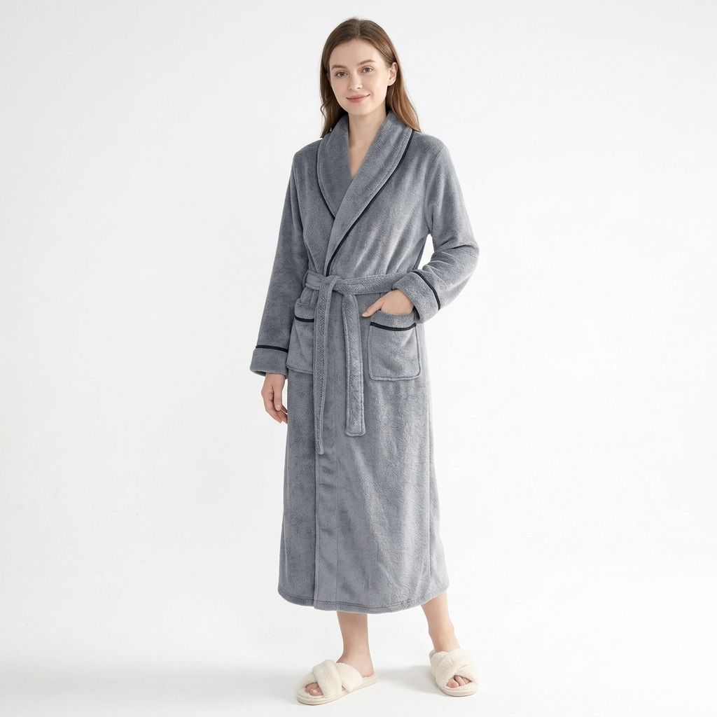 Plush Long Sleeve Shawl Collar Bathrobe with Contrast Trim and Adjustable Waist Tie Belt