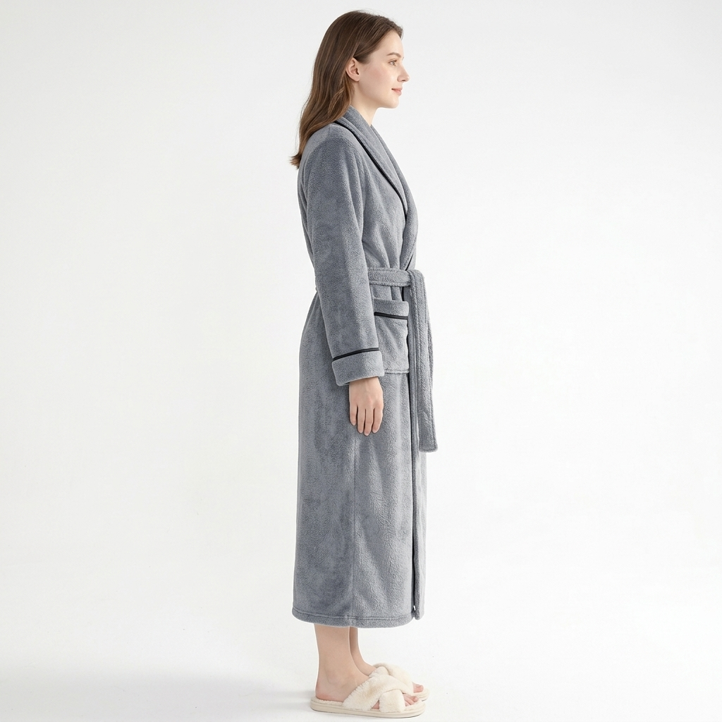 Plush Long Sleeve Shawl Collar Bathrobe with Contrast Trim and Adjustable Waist Tie Belt
