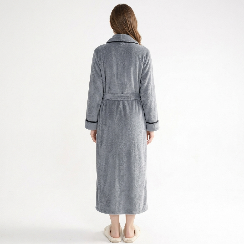 Plush Long Sleeve Shawl Collar Bathrobe with Contrast Trim and Adjustable Waist Tie Belt