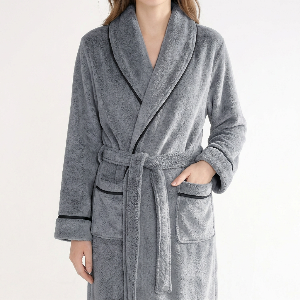 Plush Long Sleeve Shawl Collar Bathrobe with Contrast Trim and Adjustable Waist Tie Belt