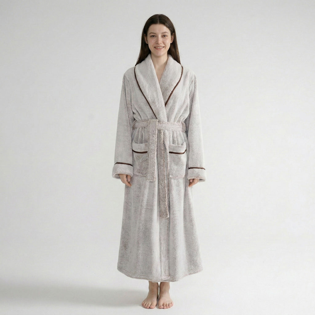 Anna-Kaci Plush Long Sleeve Shawl Collar Bathrobe with Contrast Trim and Adjustable Waist Tie Belt