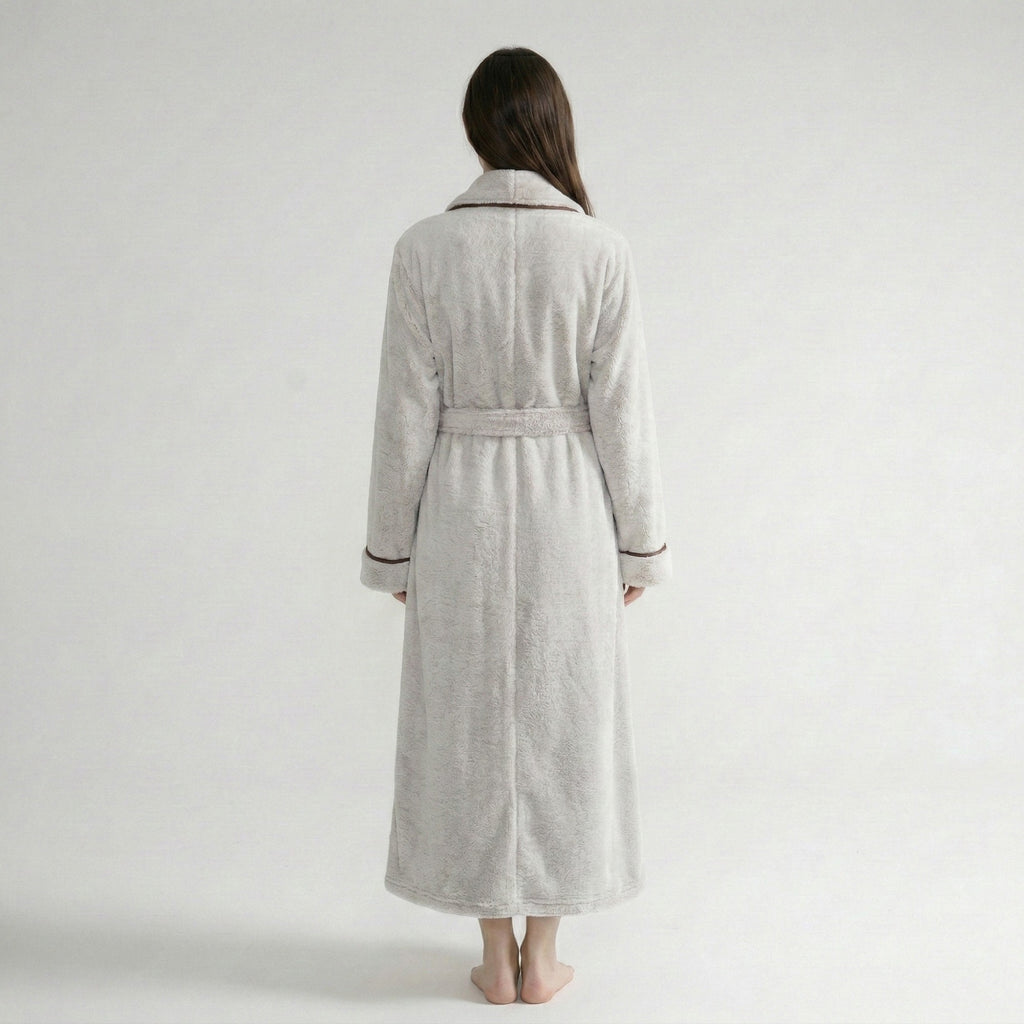 Anna-Kaci Plush Long Sleeve Shawl Collar Bathrobe with Contrast Trim and Adjustable Waist Tie Belt