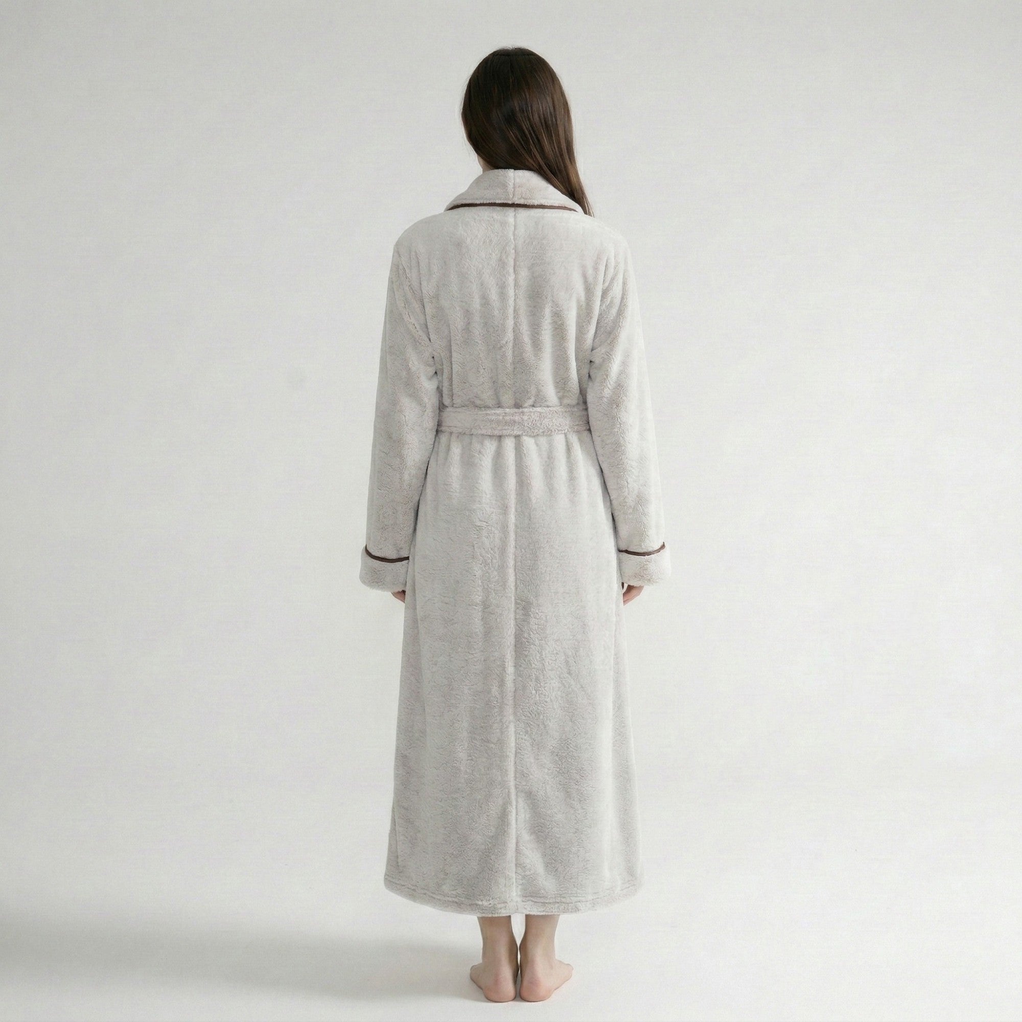 Anna-Kaci Plush Long Sleeve Shawl Collar Bathrobe with Contrast Trim and Adjustable Waist Tie Belt