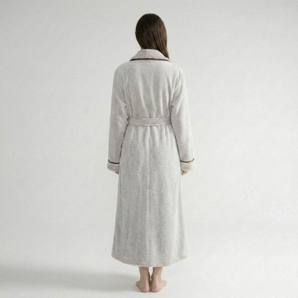 Anna-Kaci Plush Long Sleeve Shawl Collar Bathrobe with Contrast Trim and Adjustable Waist Tie Belt