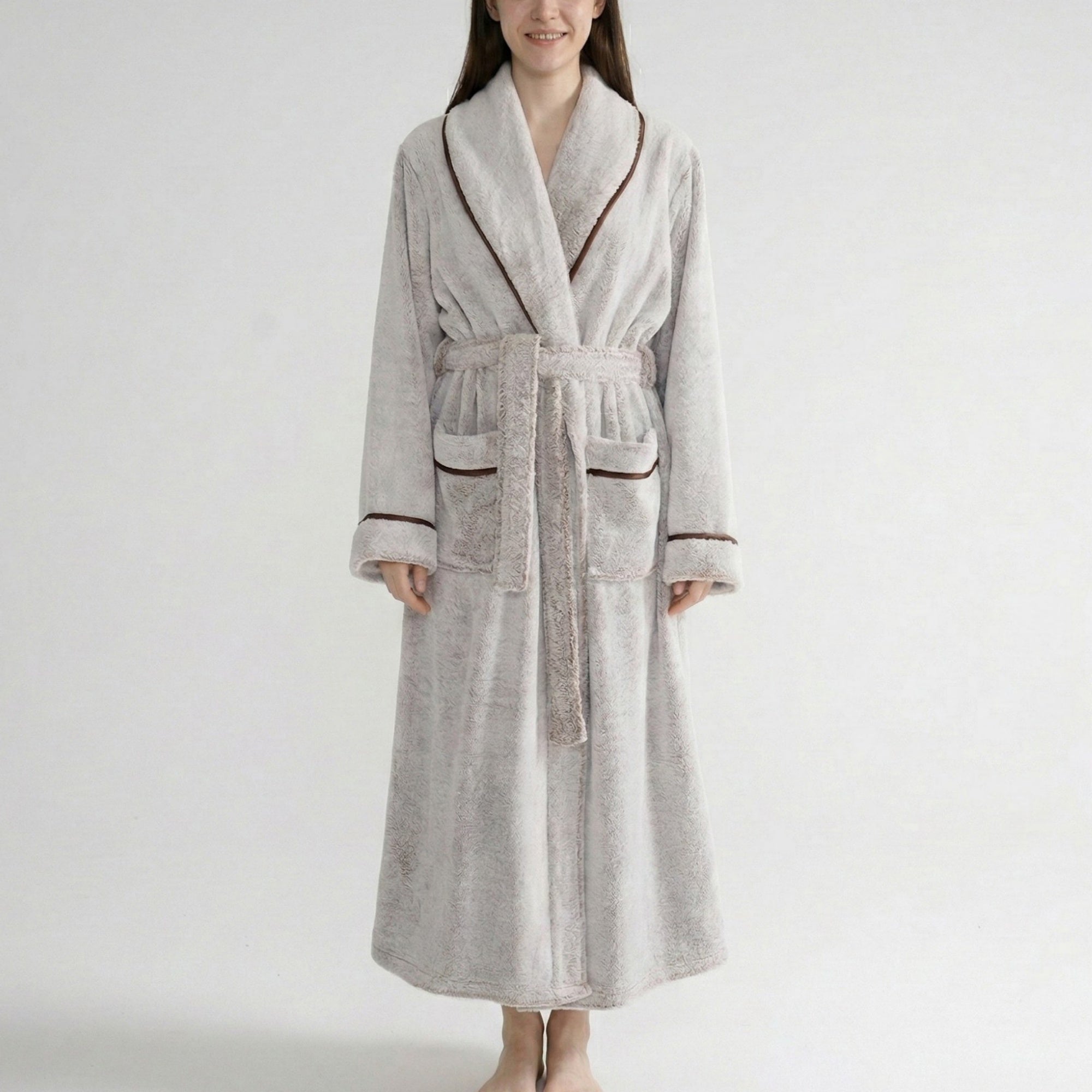 Anna-Kaci Plush Long Sleeve Shawl Collar Bathrobe with Contrast Trim and Adjustable Waist Tie Belt