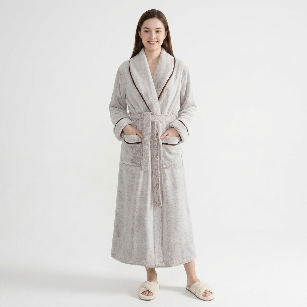 Plush Long Sleeve Shawl Collar Bathrobe with Contrast Trim and Adjustable Waist Tie Belt