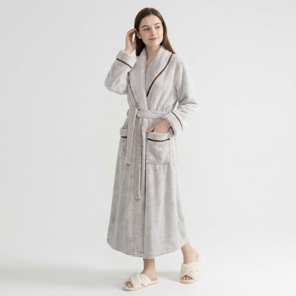 Plush Long Sleeve Shawl Collar Bathrobe with Contrast Trim and Adjustable Waist Tie Belt