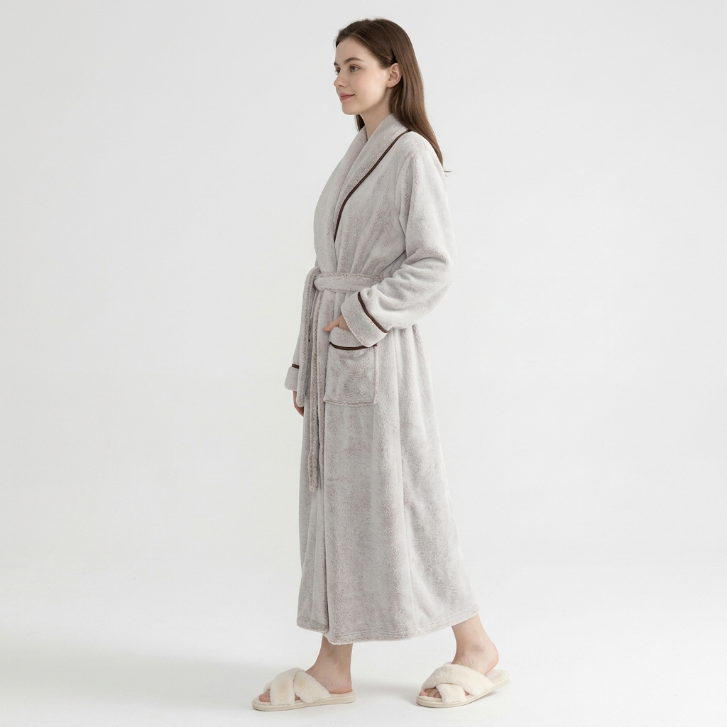 Plush Long Sleeve Shawl Collar Bathrobe with Contrast Trim and Adjustable Waist Tie Belt