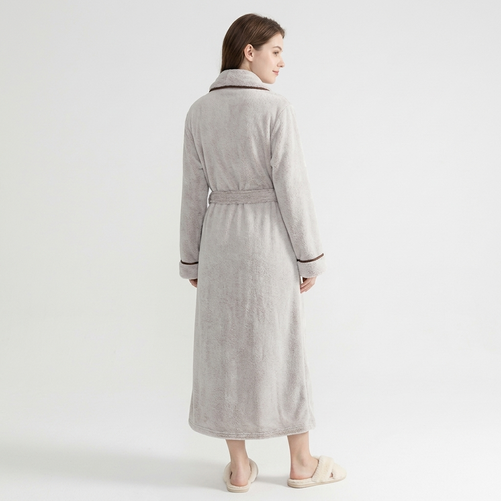 Plush Long Sleeve Shawl Collar Bathrobe with Contrast Trim and Adjustable Waist Tie Belt