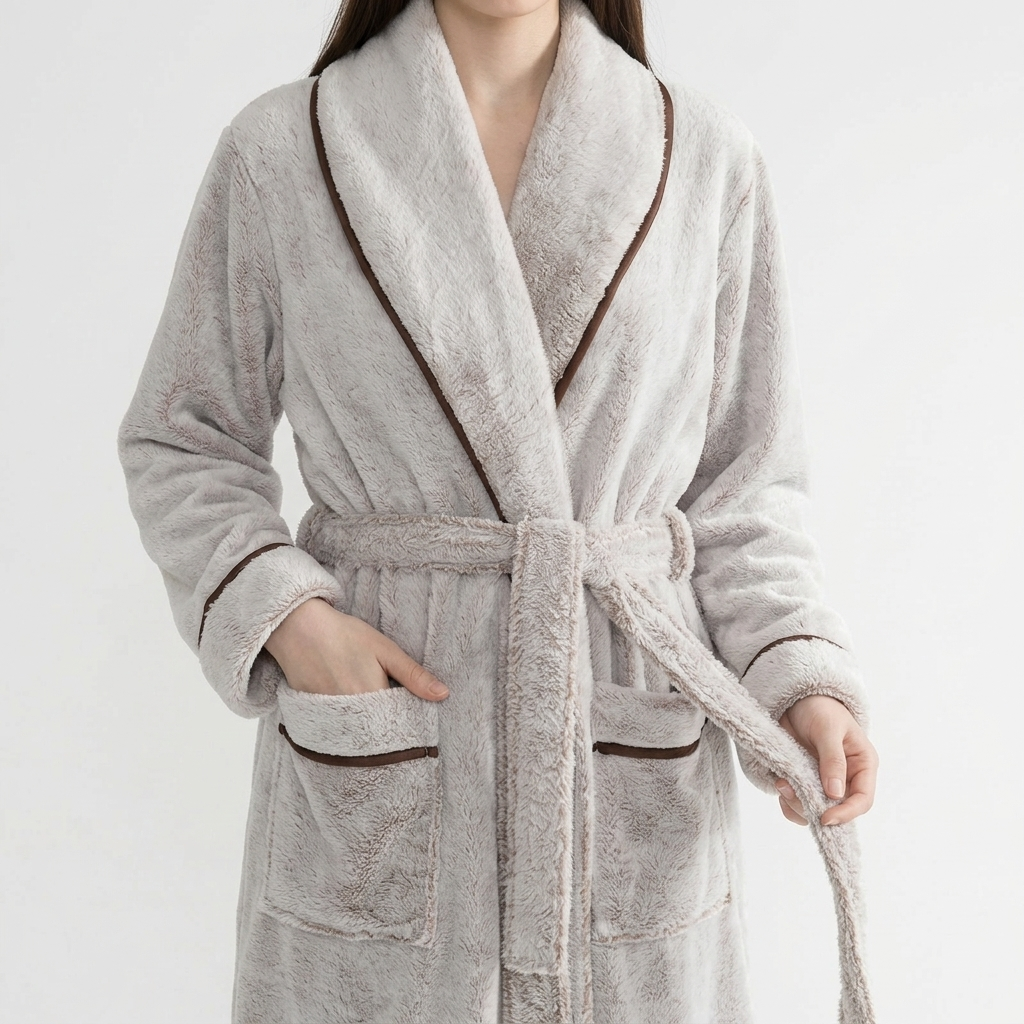Plush Long Sleeve Shawl Collar Bathrobe with Contrast Trim and Adjustable Waist Tie Belt