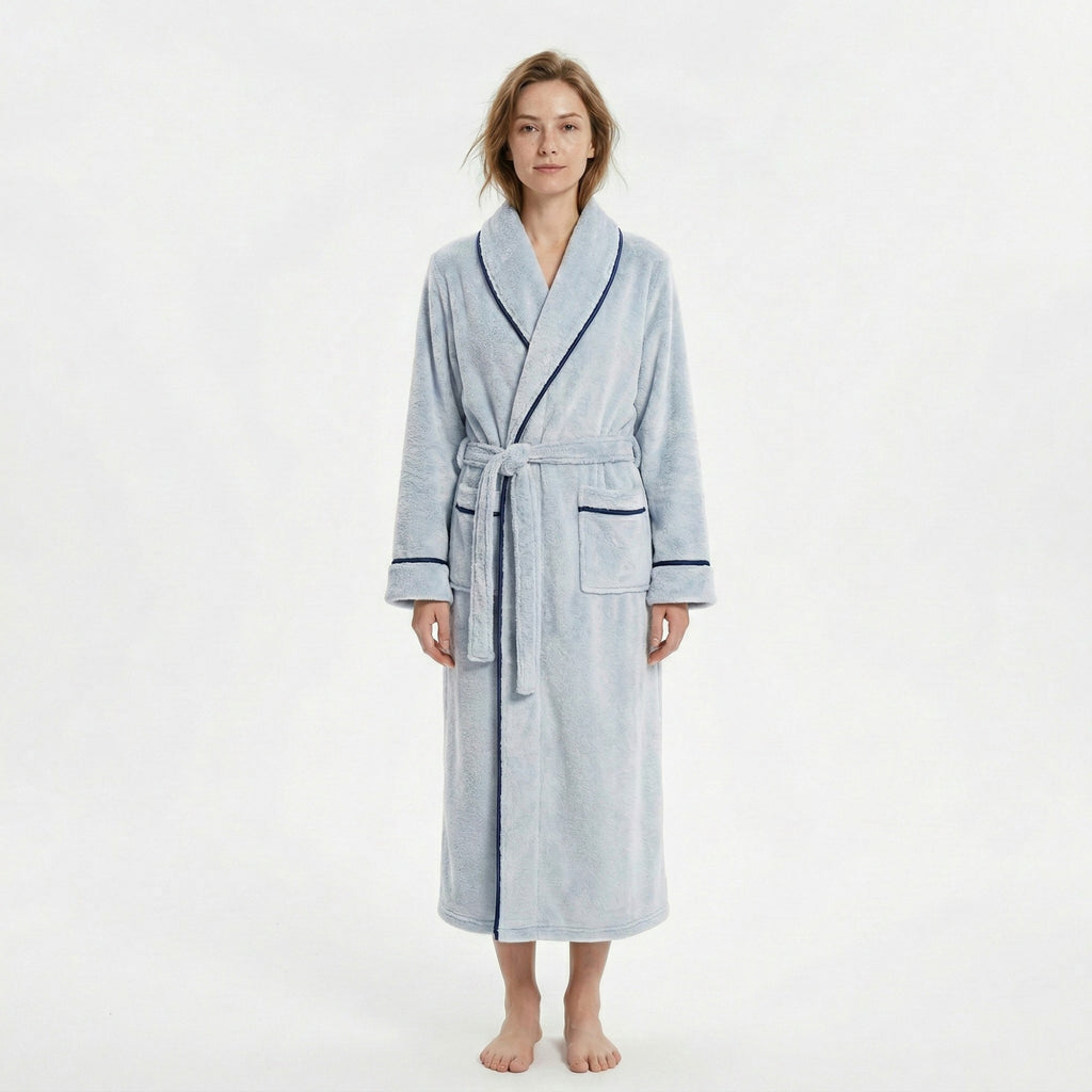 Anna-Kaci Plush Long Sleeve Shawl Collar Bathrobe with Contrast Trim and Adjustable Waist Tie Belt