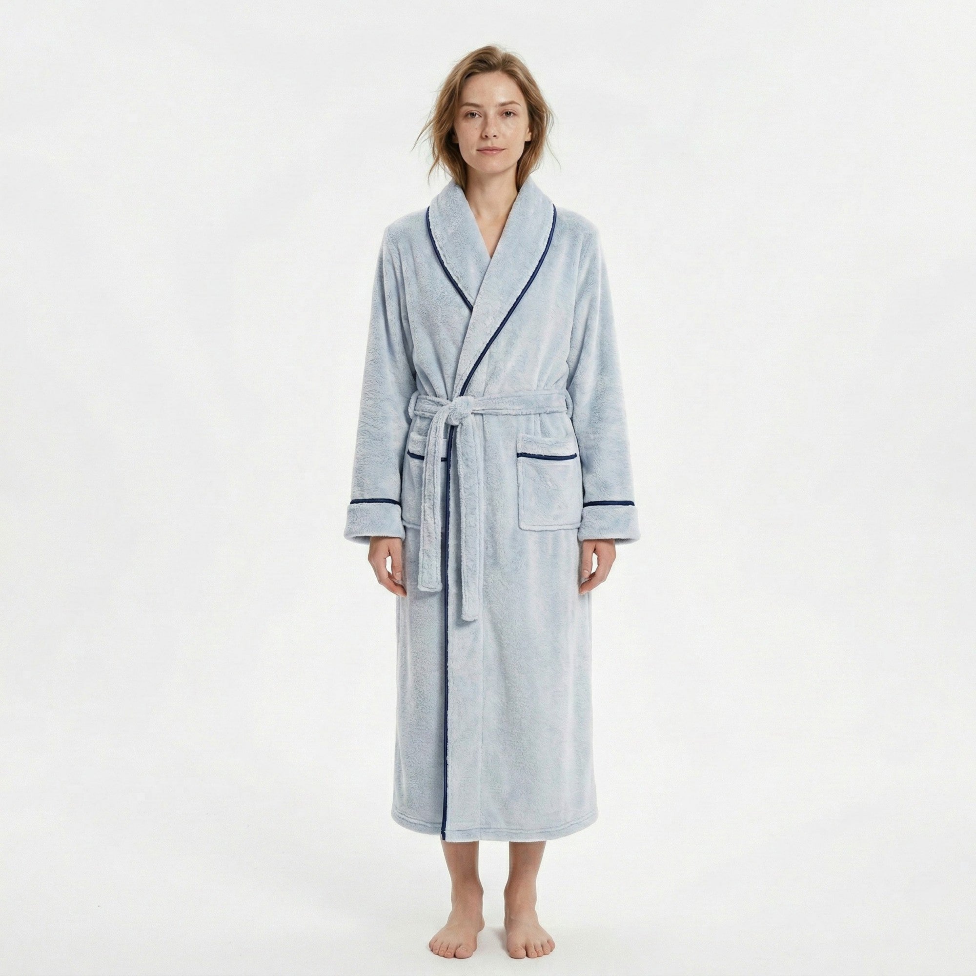 Anna-Kaci Plush Long Sleeve Shawl Collar Bathrobe with Contrast Trim and Adjustable Waist Tie Belt