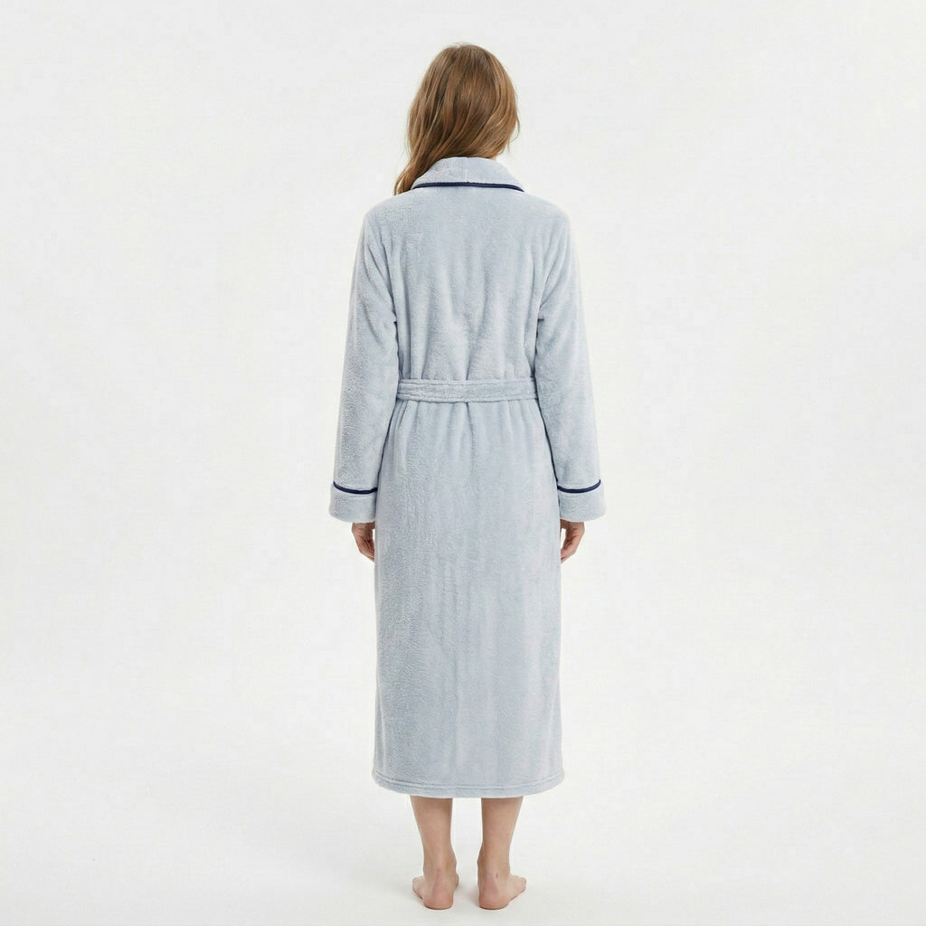 Anna-Kaci Plush Long Sleeve Shawl Collar Bathrobe with Contrast Trim and Adjustable Waist Tie Belt