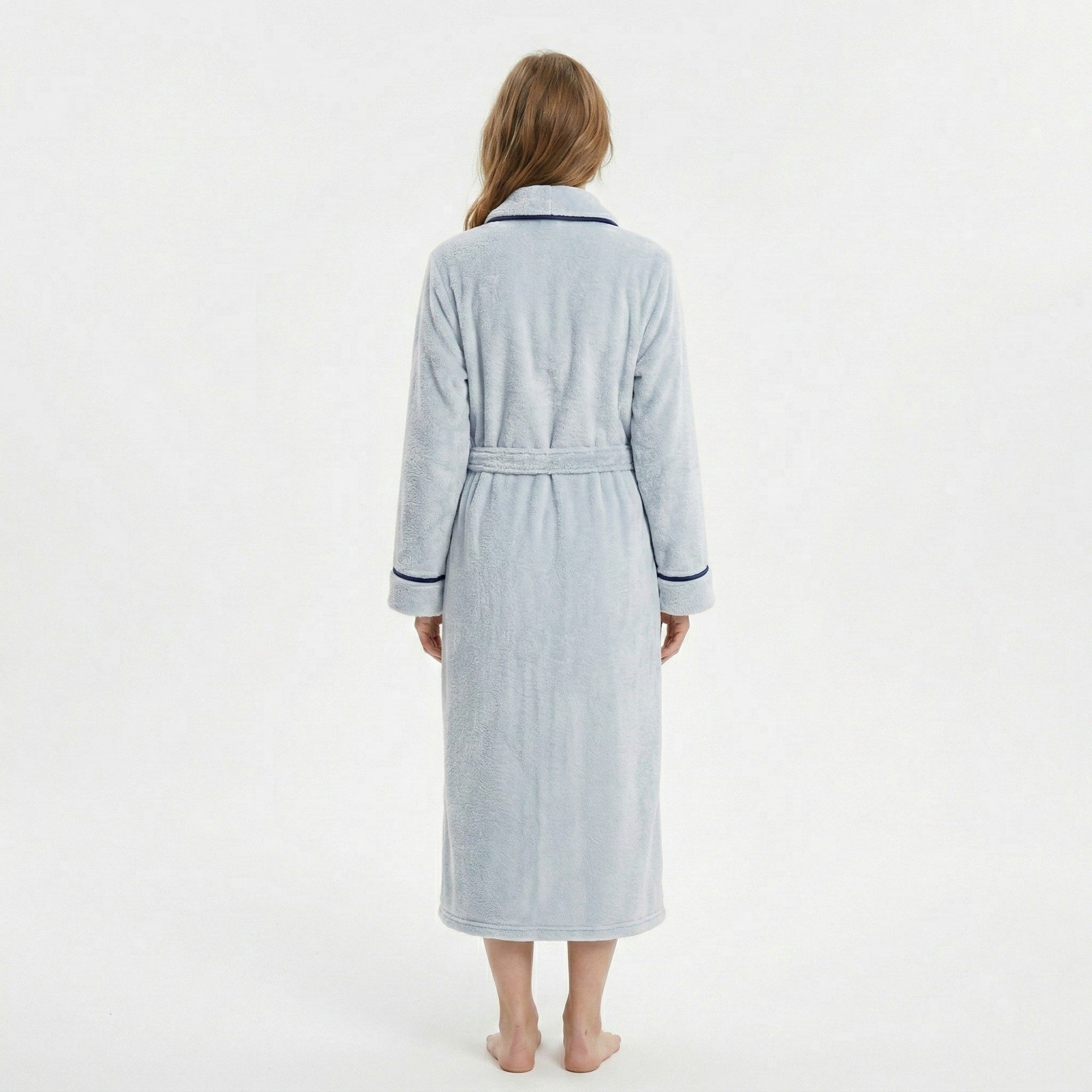 Anna-Kaci Plush Long Sleeve Shawl Collar Bathrobe with Contrast Trim and Adjustable Waist Tie Belt