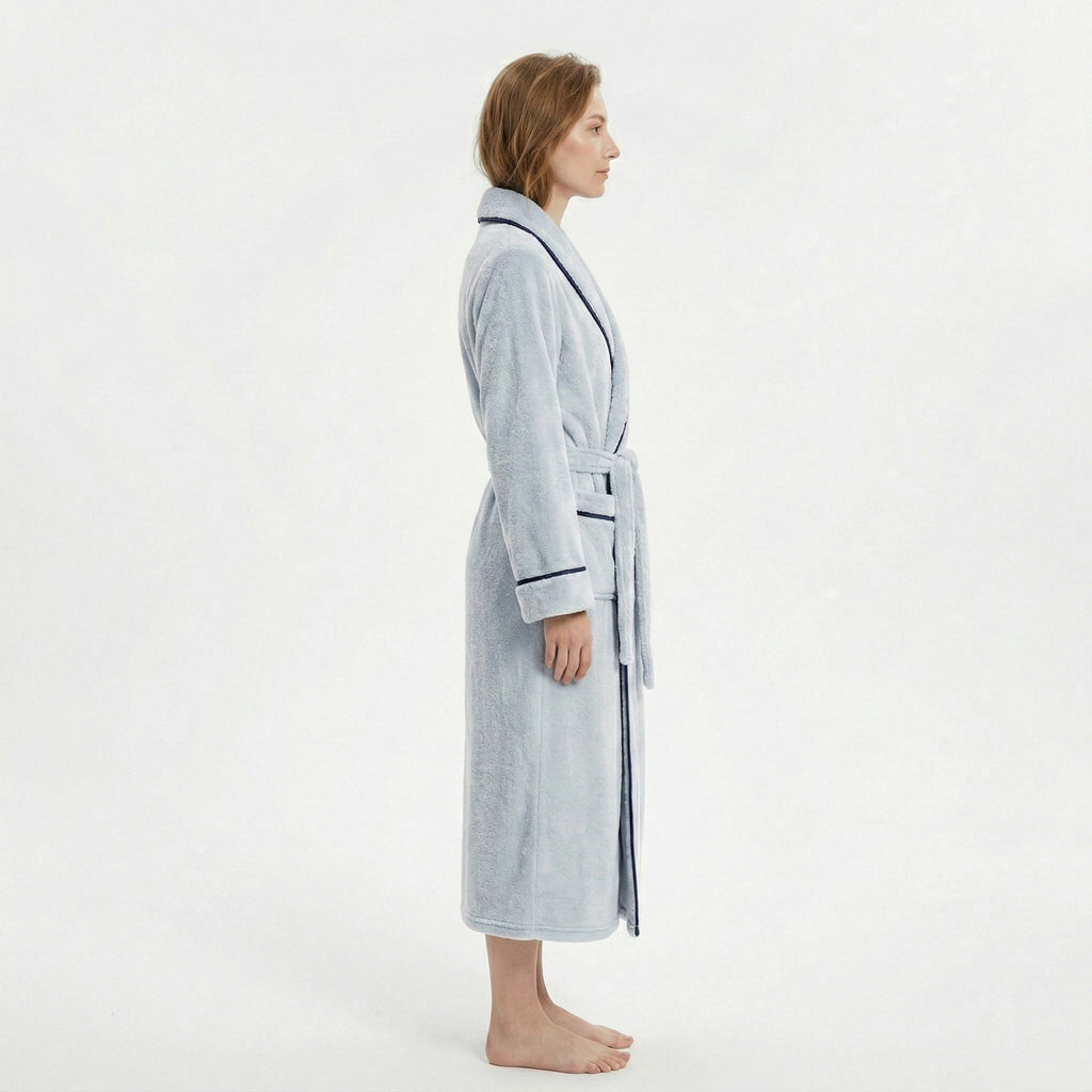 Anna-Kaci Plush Long Sleeve Shawl Collar Bathrobe with Contrast Trim and Adjustable Waist Tie Belt
