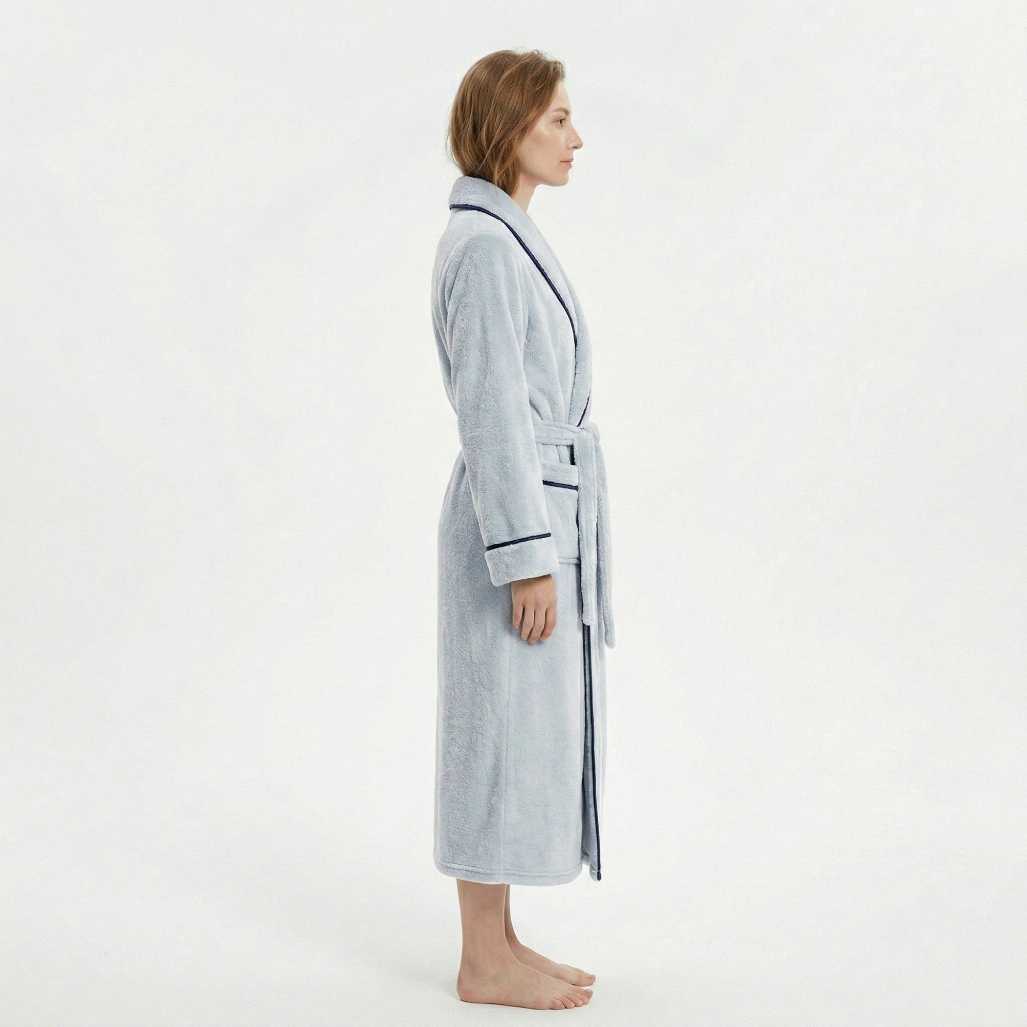 Anna-Kaci Plush Long Sleeve Shawl Collar Bathrobe with Contrast Trim and Adjustable Waist Tie Belt