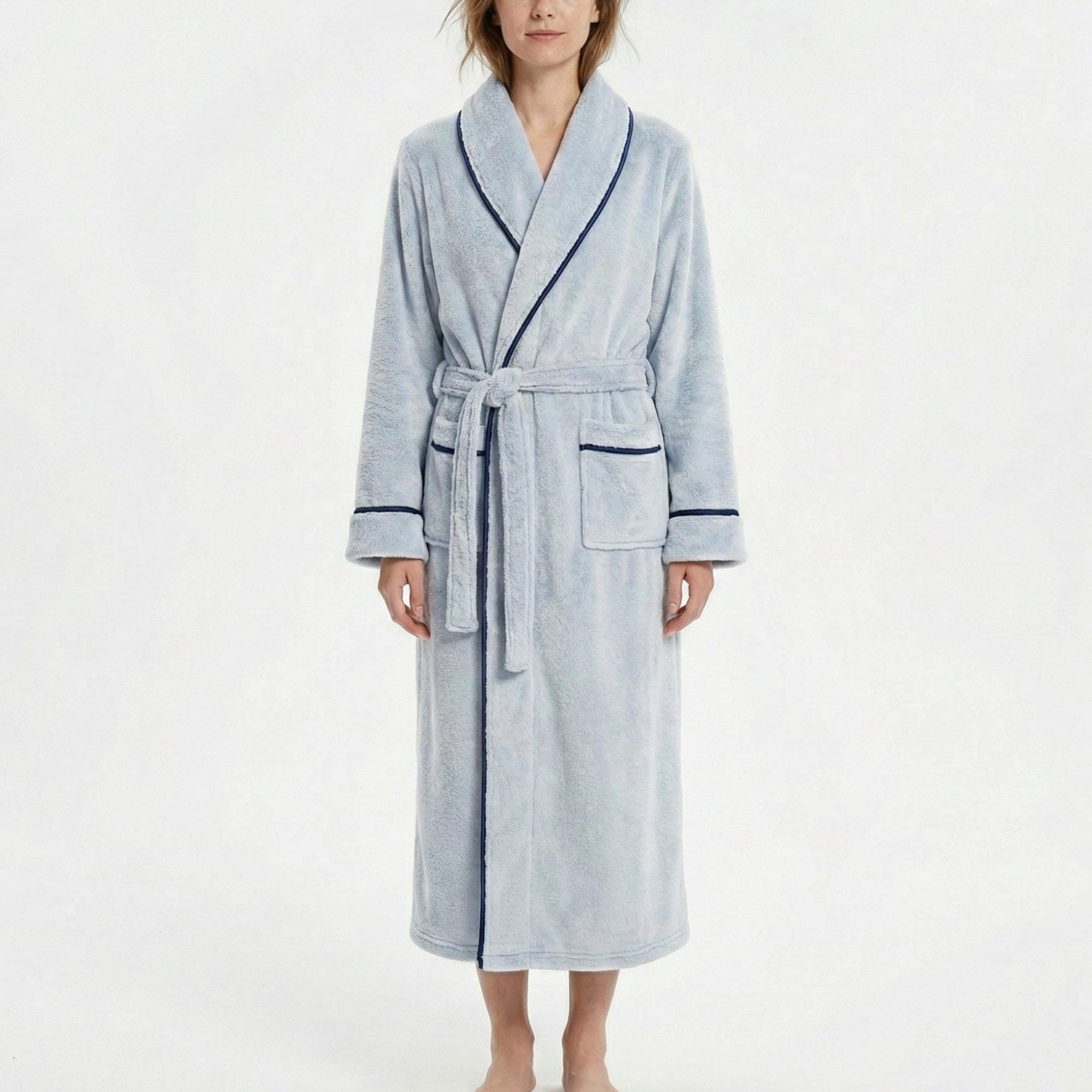Anna-Kaci Plush Long Sleeve Shawl Collar Bathrobe with Contrast Trim and Adjustable Waist Tie Belt