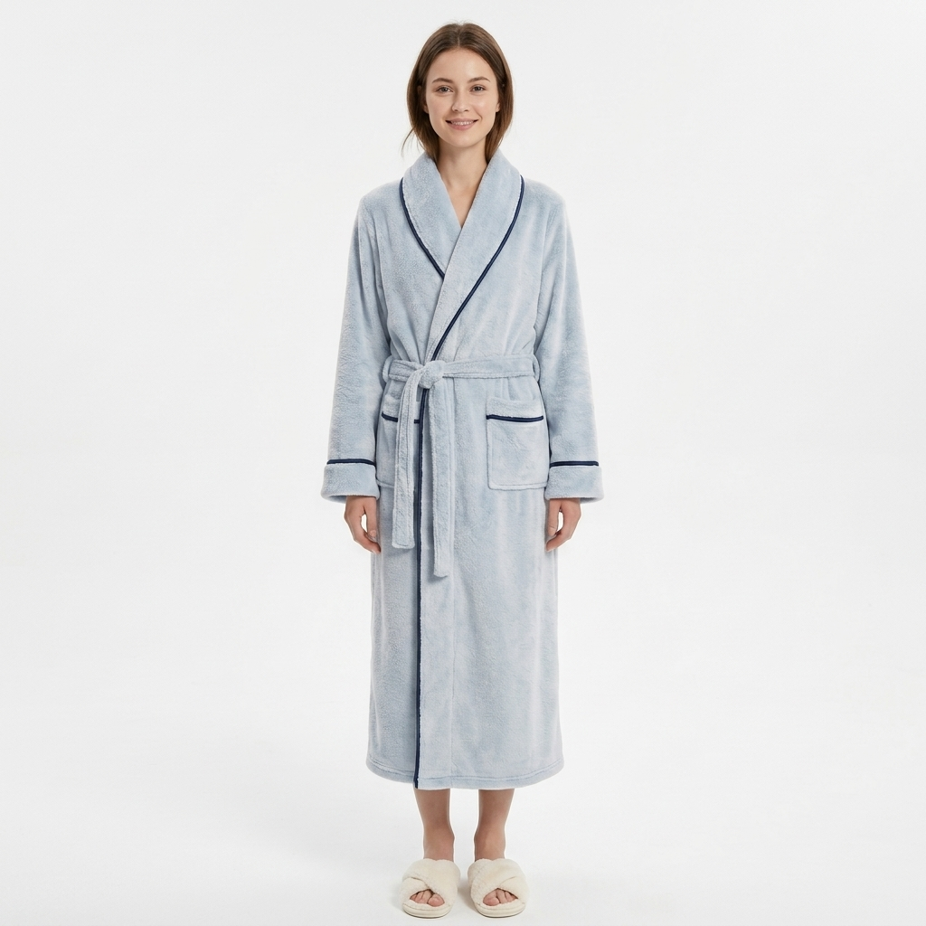 Plush Long Sleeve Shawl Collar Bathrobe with Contrast Trim and Adjustable Waist Tie Belt