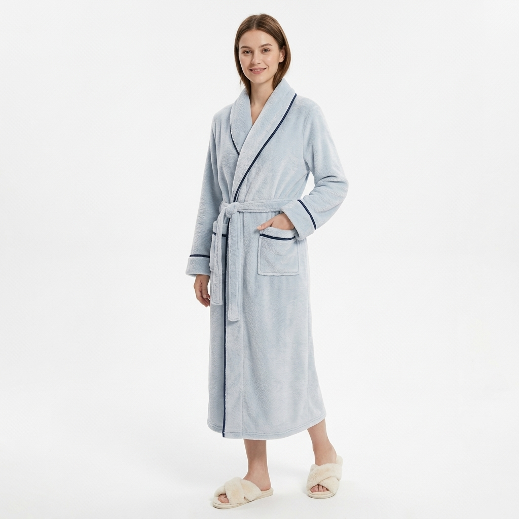 Plush Long Sleeve Shawl Collar Bathrobe with Contrast Trim and Adjustable Waist Tie Belt