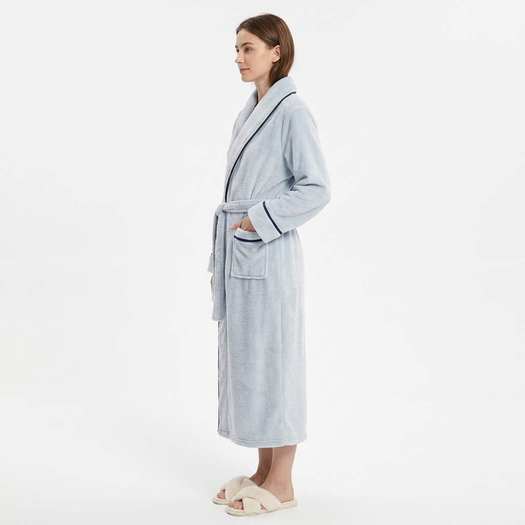 Plush Long Sleeve Shawl Collar Bathrobe with Contrast Trim and Adjustable Waist Tie Belt
