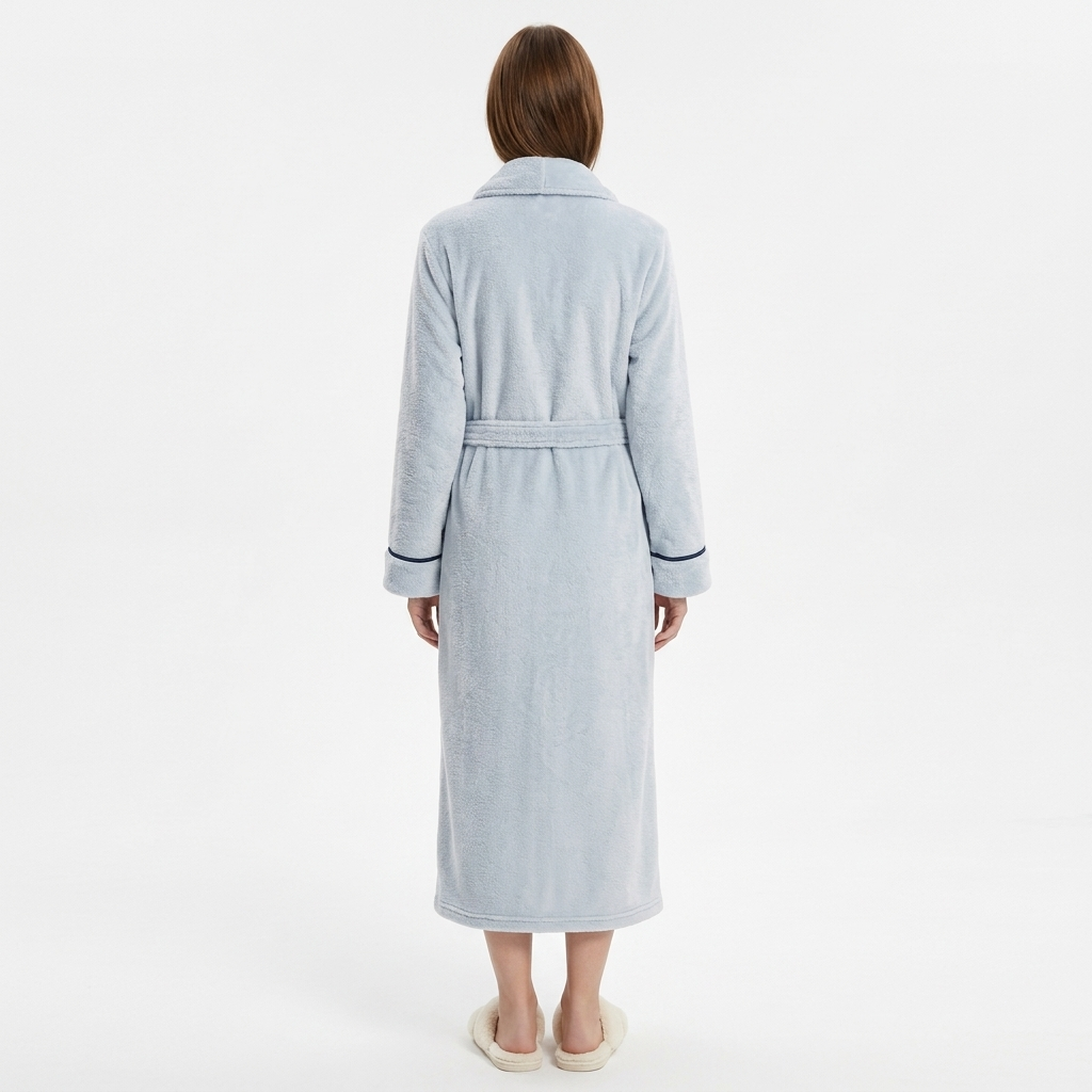 Plush Long Sleeve Shawl Collar Bathrobe with Contrast Trim and Adjustable Waist Tie Belt