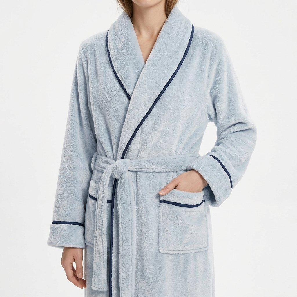 Plush Long Sleeve Shawl Collar Bathrobe with Contrast Trim and Adjustable Waist Tie Belt