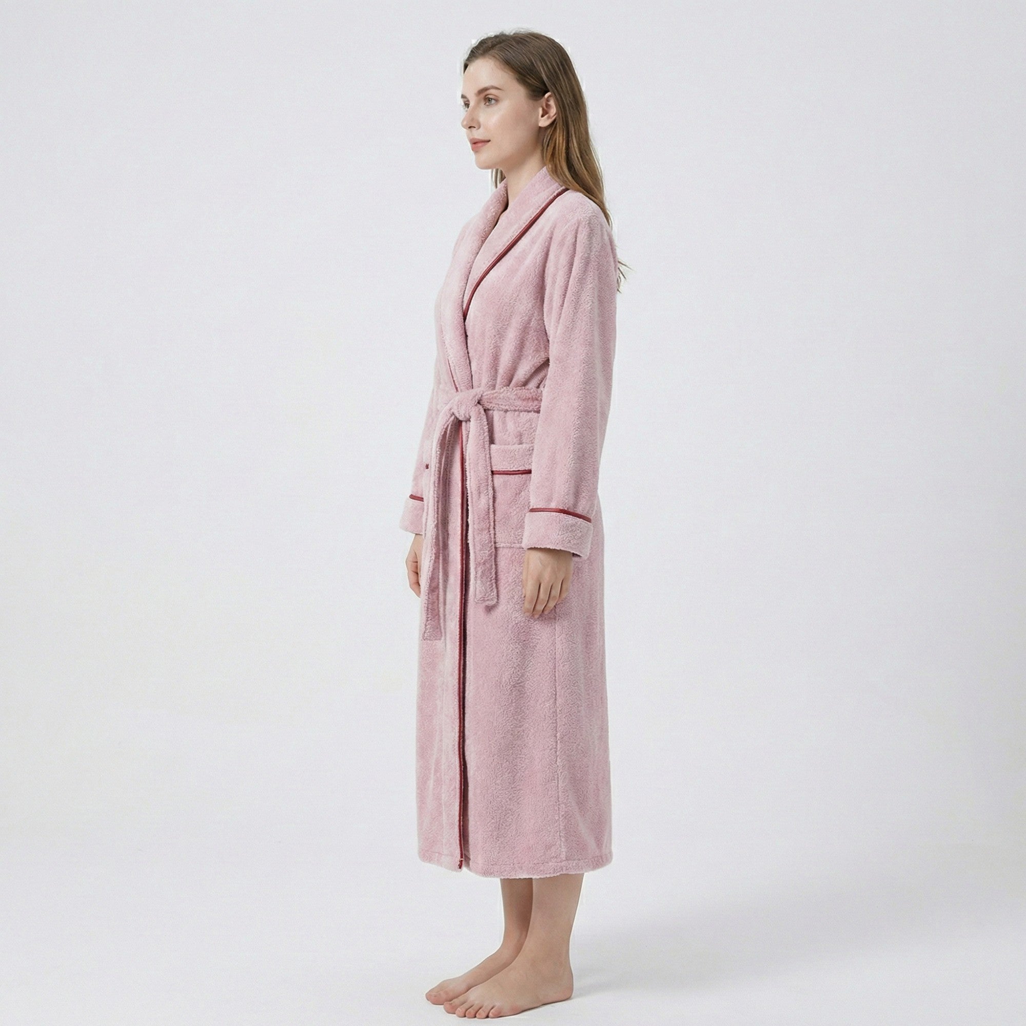 Anna-Kaci Plush Long Sleeve Shawl Collar Bathrobe with Contrast Trim and Adjustable Waist Tie Belt