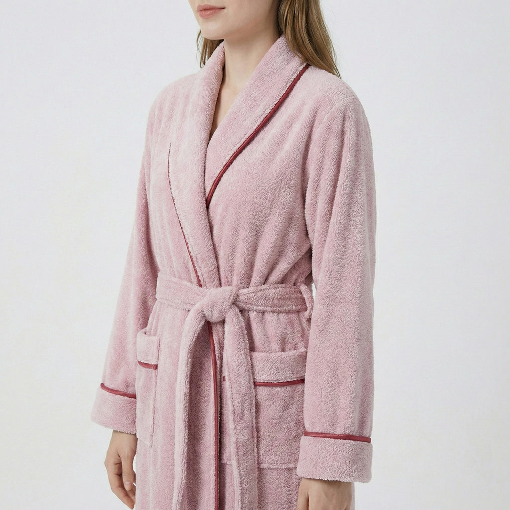 Anna-Kaci Plush Long Sleeve Shawl Collar Bathrobe with Contrast Trim and Adjustable Waist Tie Belt