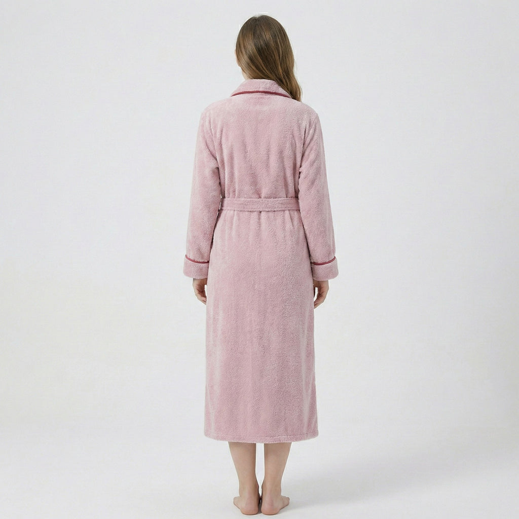 Anna-Kaci Plush Long Sleeve Shawl Collar Bathrobe with Contrast Trim and Adjustable Waist Tie Belt