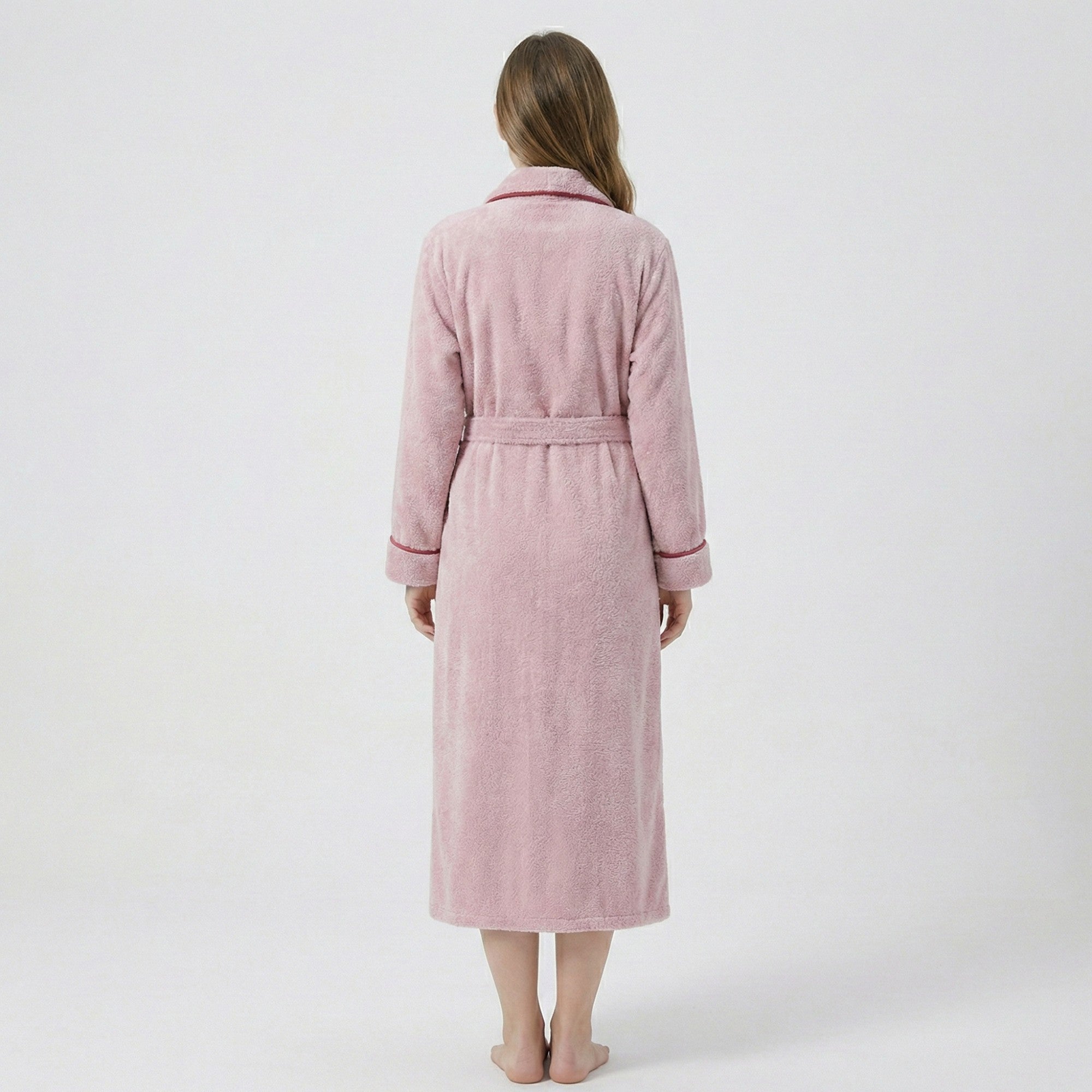Anna-Kaci Plush Long Sleeve Shawl Collar Bathrobe with Contrast Trim and Adjustable Waist Tie Belt