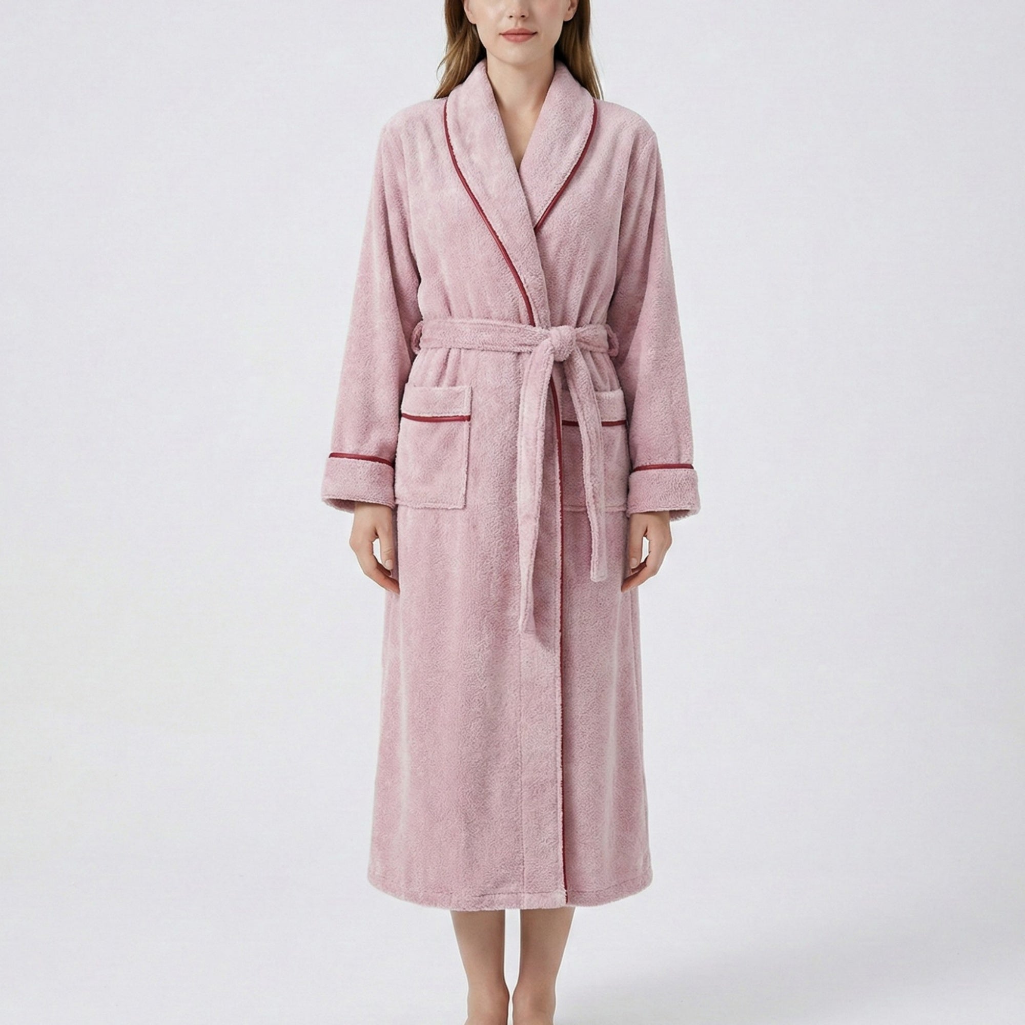 Anna-Kaci Plush Long Sleeve Shawl Collar Bathrobe with Contrast Trim and Adjustable Waist Tie Belt