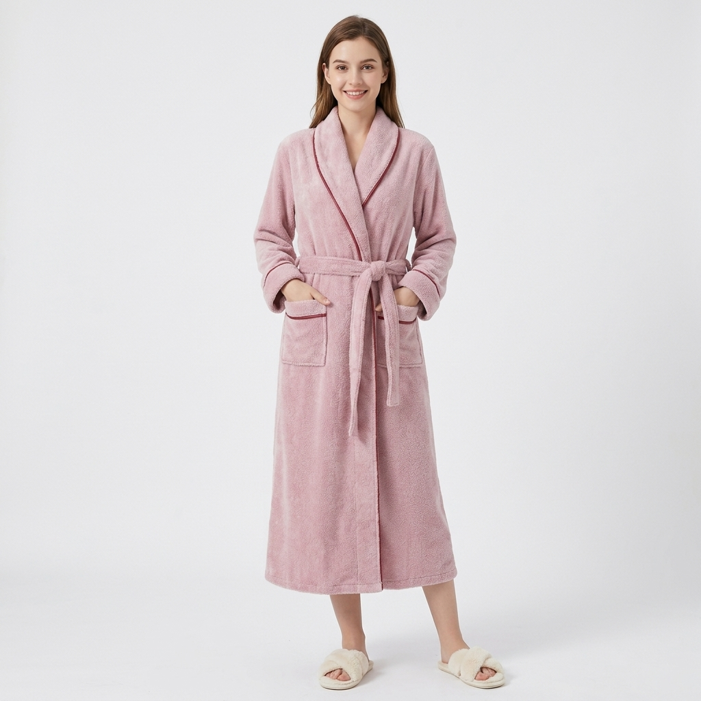 Plush Long Sleeve Shawl Collar Bathrobe with Contrast Trim and Adjustable Waist Tie Belt