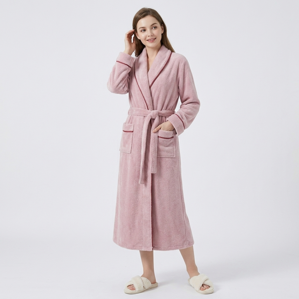 Plush Long Sleeve Shawl Collar Bathrobe with Contrast Trim and Adjustable Waist Tie Belt