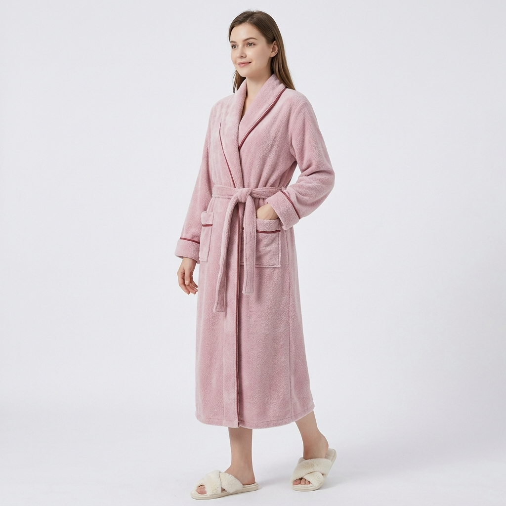 Plush Long Sleeve Shawl Collar Bathrobe with Contrast Trim and Adjustable Waist Tie Belt