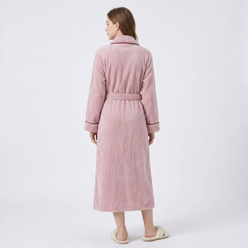 Plush Long Sleeve Shawl Collar Bathrobe with Contrast Trim and Adjustable Waist Tie Belt