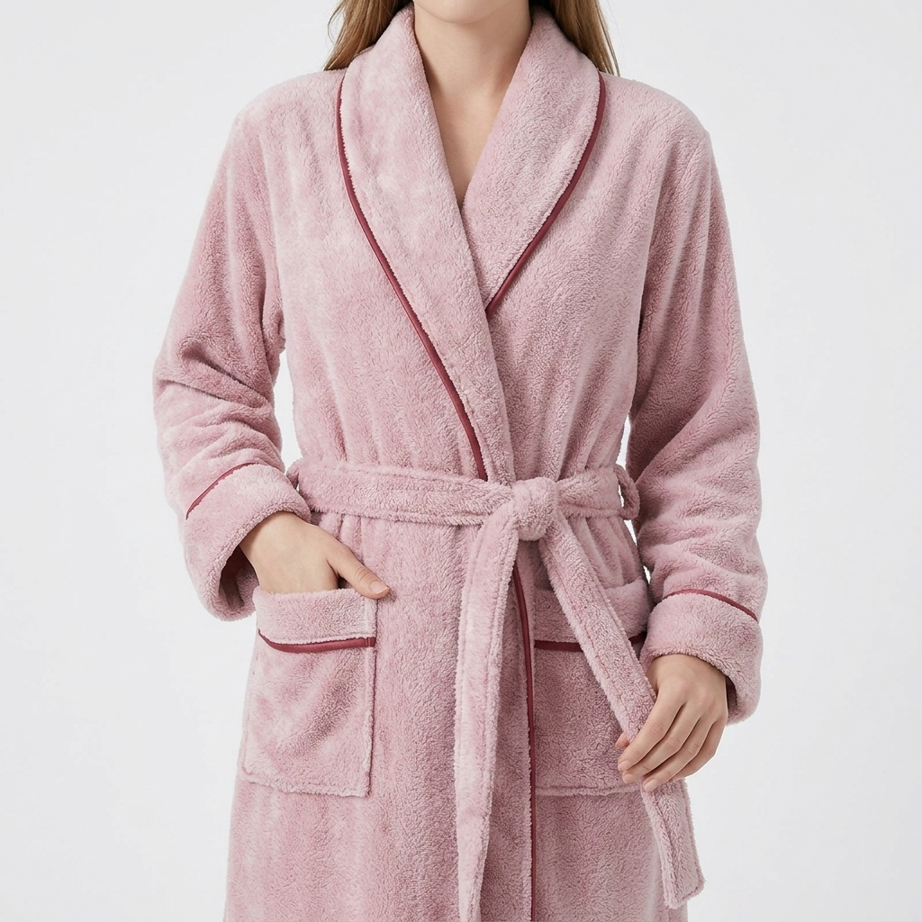 Plush Long Sleeve Shawl Collar Bathrobe with Contrast Trim and Adjustable Waist Tie Belt