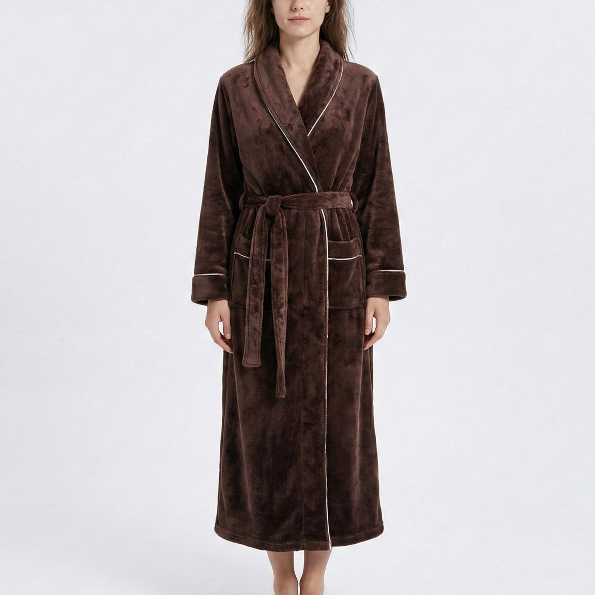 Anna-Kaci Plush Long Sleeve Wrap Bathrobe with Waist Tie Belt and Front Patch Pockets