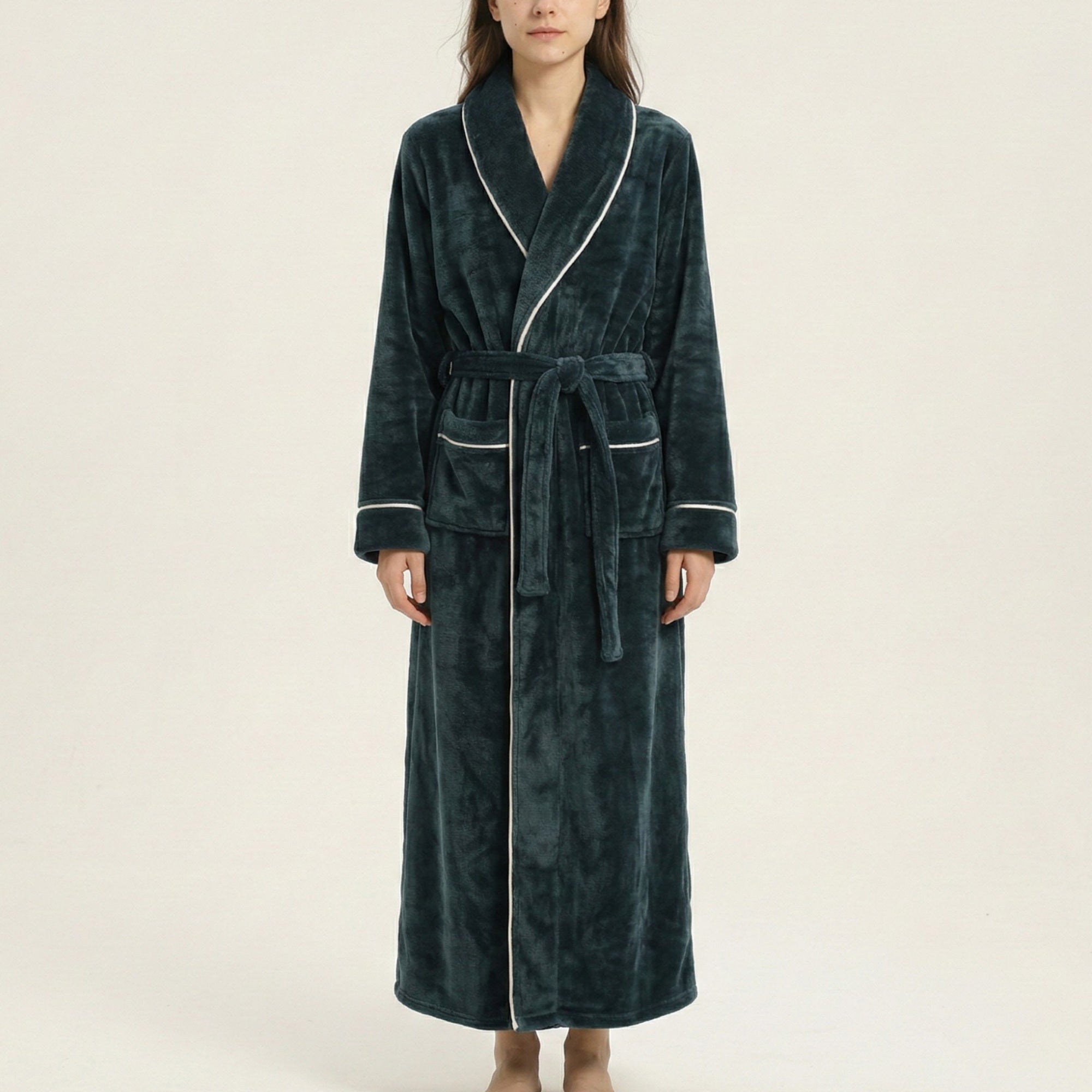 Anna-Kaci Plush Long Sleeve Wrap Bathrobe with Waist Tie Belt and Front Patch Pockets
