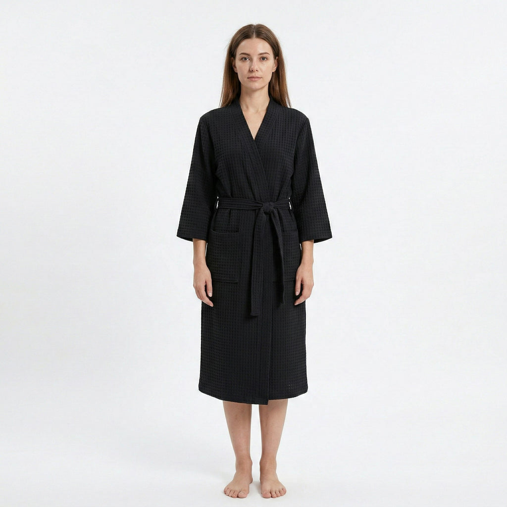 Anna-Kaci Women's Textured Knit Wrap Bathrobe with Three Quarter Sleeves Adjustable Waist Tie