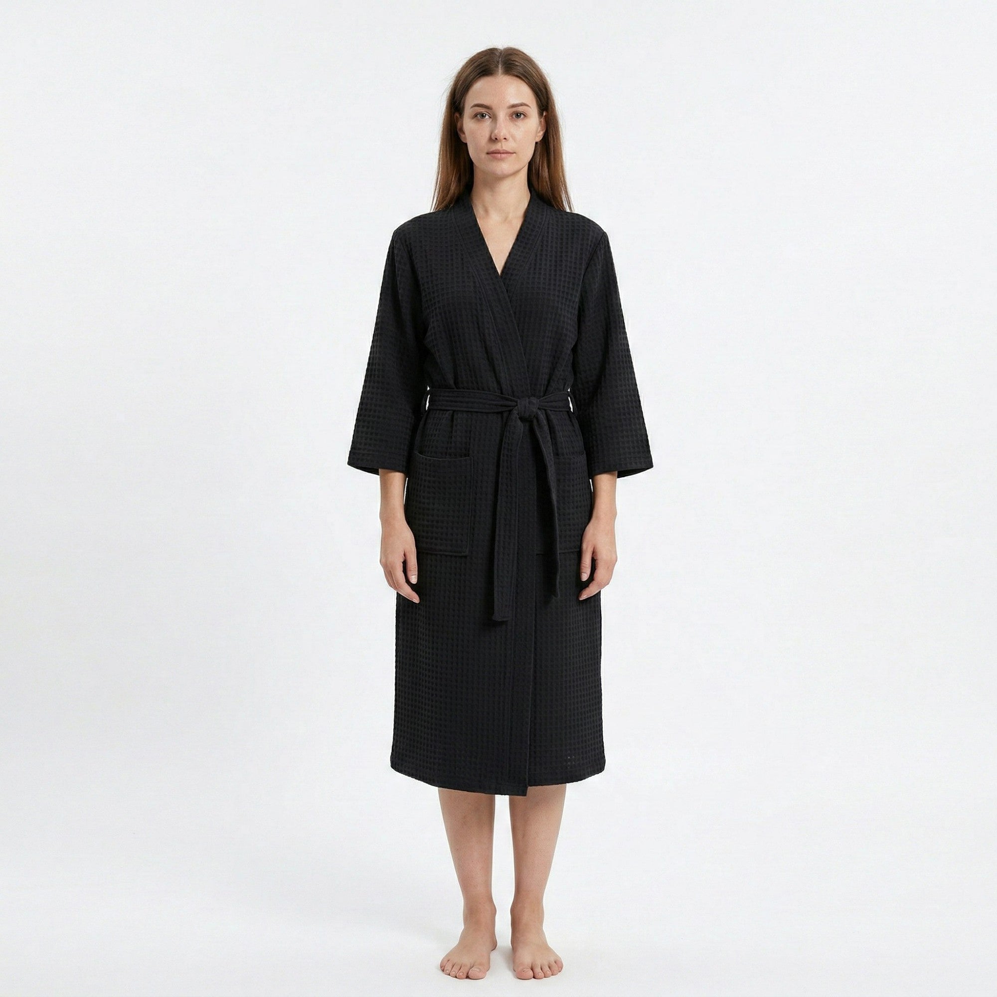 Anna-Kaci Women's Textured Knit Wrap Bathrobe with Three Quarter Sleeves Adjustable Waist Tie