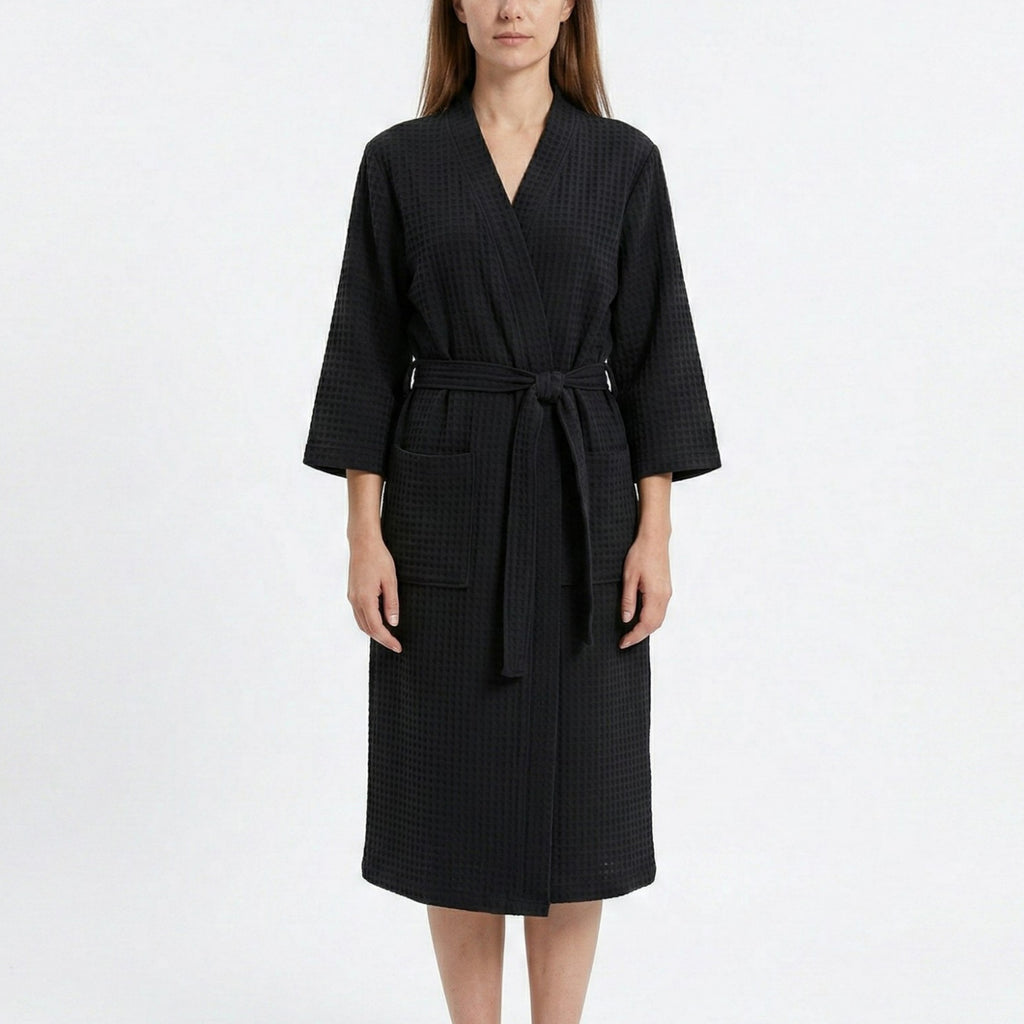 Anna-Kaci Women's Textured Knit Wrap Bathrobe with Three Quarter Sleeves Adjustable Waist Tie